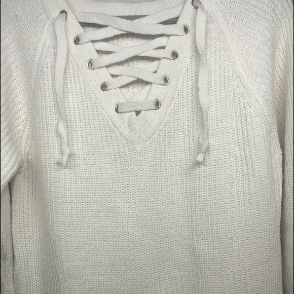 Cream Lace Up Rib Oversized Knit Sweater - Picture 6 of 11
